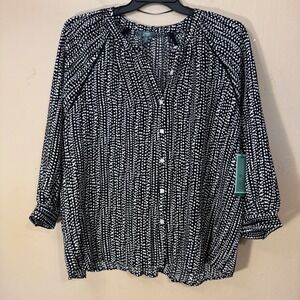 Terra & Sky Blouse Womens 0X Black White Dot Button Up 3/4 Sleeve Top Boho NEW